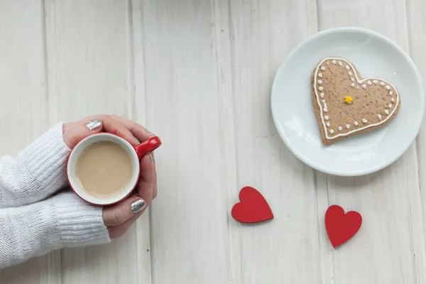 Cup Coffee Heart Shape Wooden Background — Stock Photo, Image