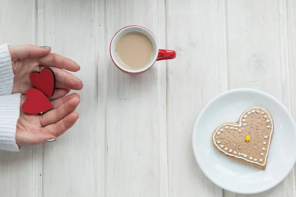 Hands Holding Cup Coffee Heart Shape Wooden Table — Stock Photo, Image