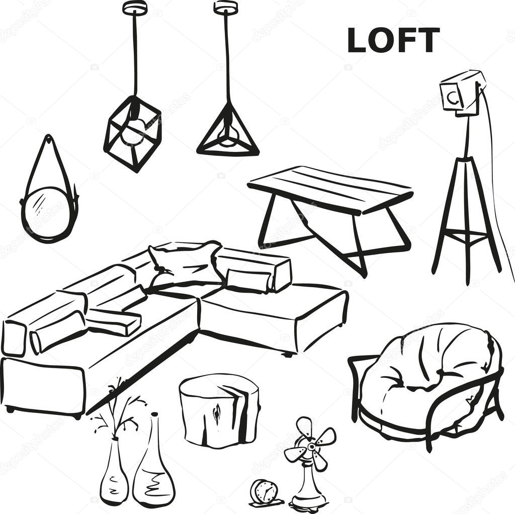Loft interior style. Furniture illustration. Sketch.