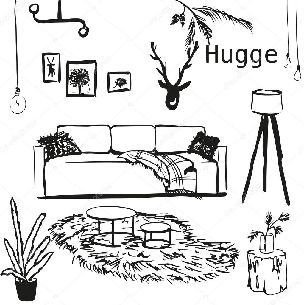 Interior hugge. Sketch of furniture. Black and white interior illustration. Hugge style.