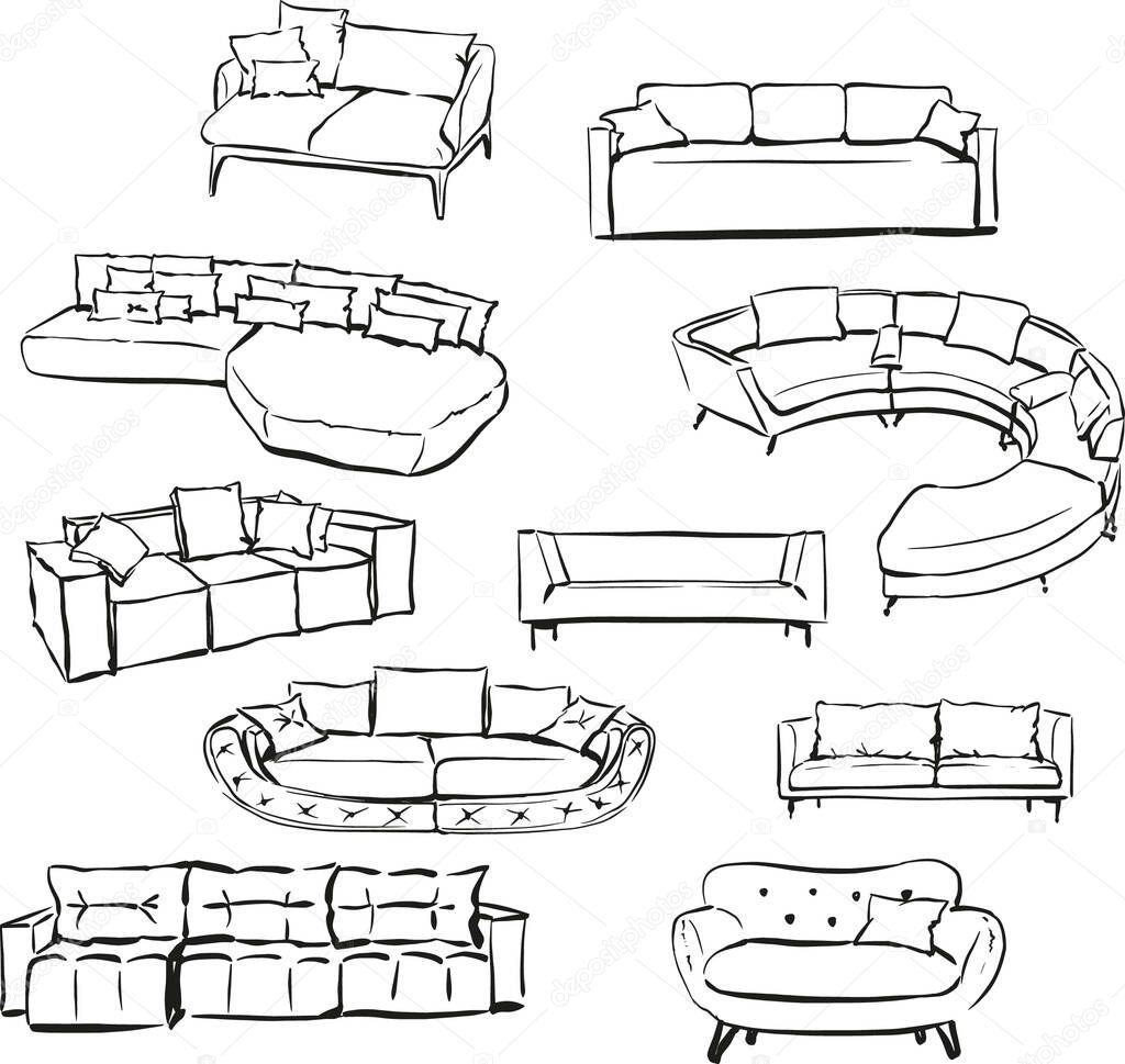 Sofa 10 models. Furniture sketch black and white interior.