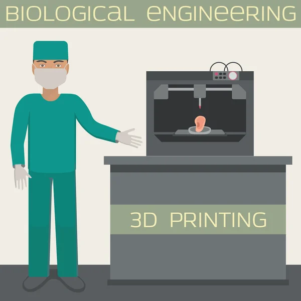 Stampa 3D medica per la produzione di una costruzione cellulare, ingegneria biologica, orecchio di stampa . — Vettoriale Stock
