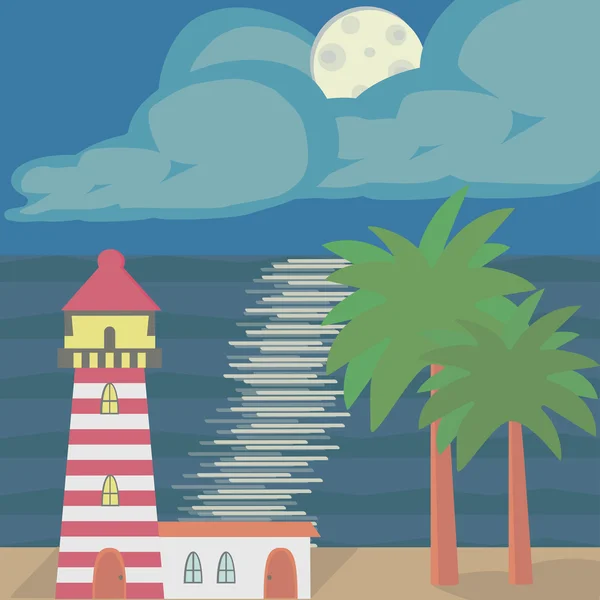 El paisaje marino con un faro, luz de la luna y palmeras . — Vector de stock