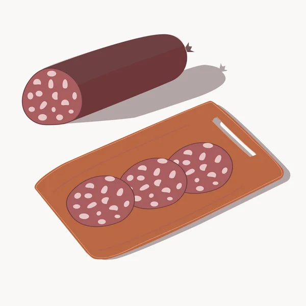 Ковбаса і шматочки ковбаси на обробній дошці апельсина . — стоковий вектор
