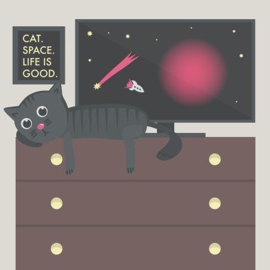 Tablo, alan TV, yazıt kedi, uzay, hayat ile resmi kedi duvarda iyidir. 