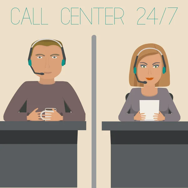 O fată și un tip care lucrează în sprijin, call center . — Vector de stoc
