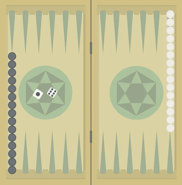 Backgammon op de houten kist, twee dobbelstenen en chips. — Stockvector