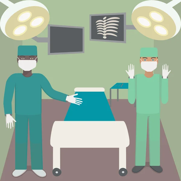 Bir ortağı ile ameliyathanede cerrah. Gölgesiz lambalar, monitörler, kanepe, cerrahi aletler ve doktorlar ile çalışma. — Stok Vektör