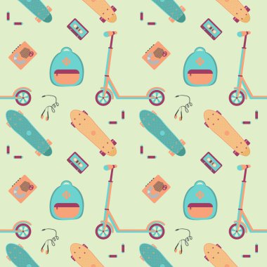 İtme scooter, kaset çalar teyp, kulaklık, piller ve plastik kaykaylar desenle.