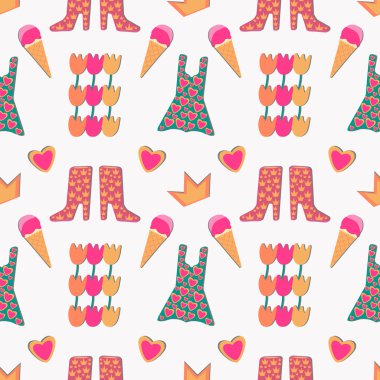 Taç, kalp, botlar, elbise, çiçekler ile Seamless Modeli.