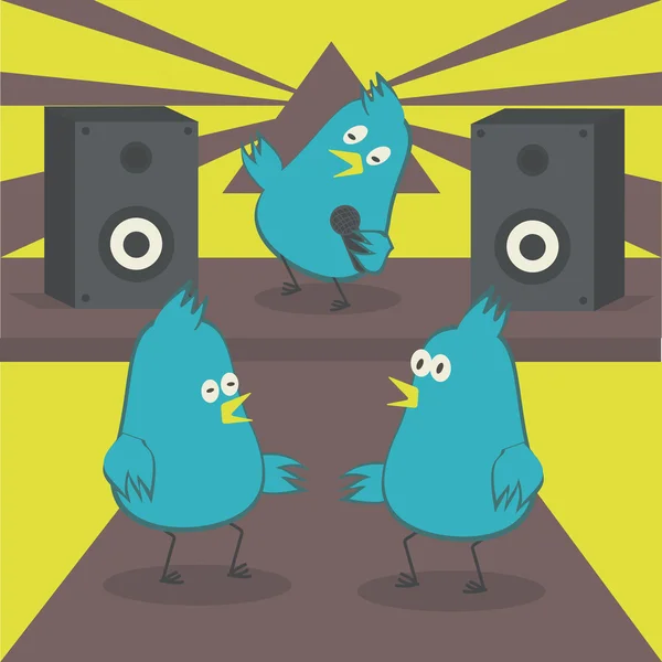Tančící ptáci. Pták zpívá do mikrofonu. Diskotéka s karaoke. — Stockový vektor