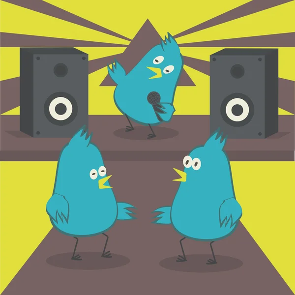 Dans eden kuşlar. Kuş mikrofona doğru söylüyor. Karaoke ile disko.