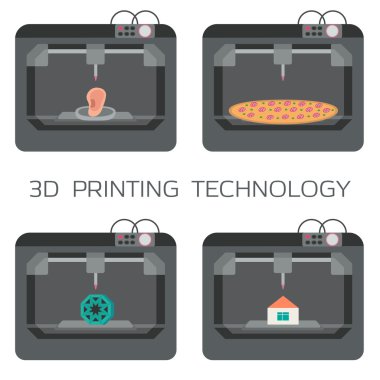 3D baskı teknolojisi. 3D basımevi, organları, pizza, plastik modeller. 3 D Yazıcı. 