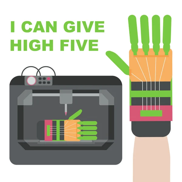 Prosthetic hand made by 3d printer. Plastic hand can give high five. — Stock Vector