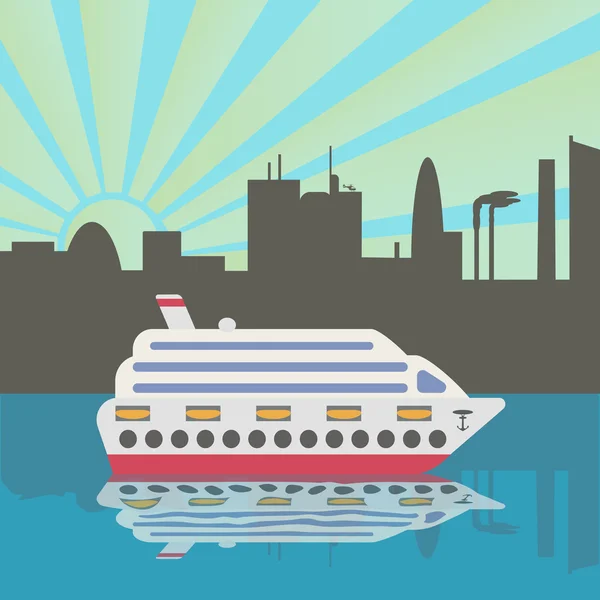 Le bateau de croisière arrive au port. Coucher de soleil. Silhouette de ville reflétée dans l'eau . — Image vectorielle