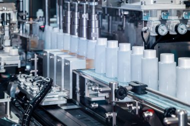 Kozmetik ve cilt bakımı ürünlerinde otomatik kaplama ve etiketleme makinesinin taşıyıcı bandı üzerinde hareket eden beyaz plastik şişe. Kozmetik endüstrisi ve ai teknoloji makineleri konsepti.