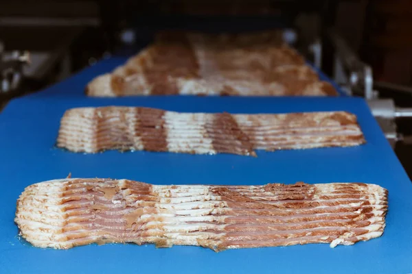 Çiğ pastırma kaydırağı yiyecek fabrikasındaki otomasyon et kaydırma makinesinin taşıma bandında paketlenmeye hazır. makine ve gıda endüstrisi konsepti