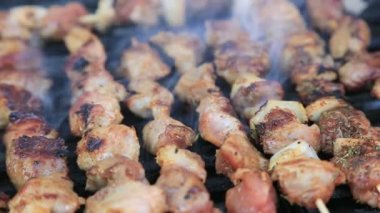 Yüksek tanımlı video barbekü ızgara domuz eti ve tavuk şiş