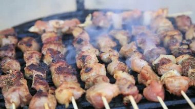 Yüksek tanımlı video barbekü ızgara domuz eti ve tavuk şiş
