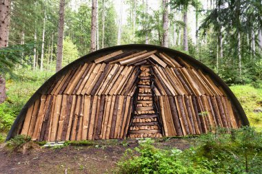 Yarım kubbe şeklinde yaratıcı bir odun yığını huzurlu bir ormanda duruyor. Düzgünce istiflenmiş kütükler eğri çatı altında geometrik desenler oluşturur, insan işçiliğiyle doğal güzelliği harmanlarlar.