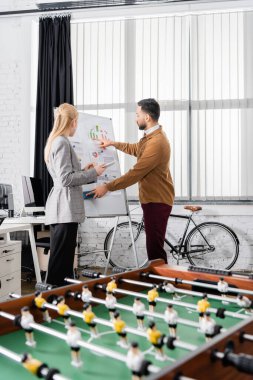 Arap işadamı, dijital tabletli meslektaşı ve bulanık önplanlı futbol masasının yanındaki çizelgelere işaret ediyor. 