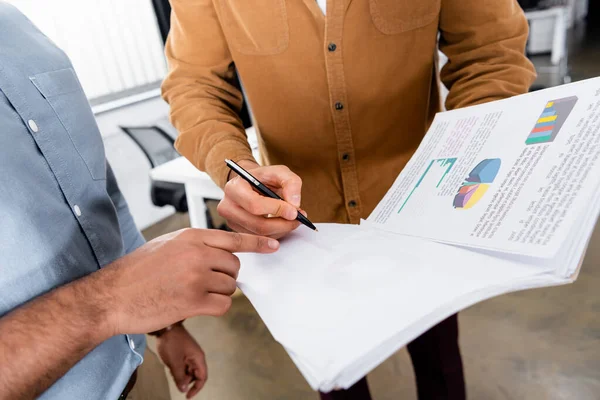 Cropped View Businessman Holding Pen Papers Colleague Pointing Finger — Stock Photo, Image