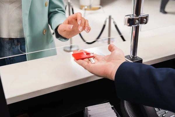 Cropped View Receptionist Giving Key Woman Hotel — Stock Photo, Image