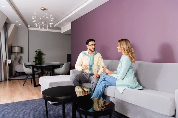 Smiling Muslim Man Looking Girlfriend Glass Wine Hotel — Stock Photo, Image