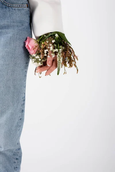 Cropped View Woman Flowers Sleeve Isolated Grey — Stock Photo, Image