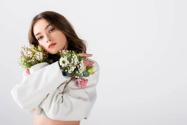 Woman Jacket Flowers Sleeves Looking Camera Isolated Grey — Stock Photo, Image