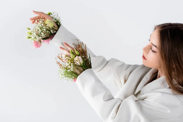 Woman Looking Flowers Sleeves Blazer Isolated Grey — Stock Photo, Image