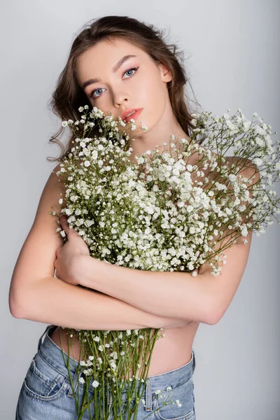 Shirtless Model Holding Flowers Chest Isolated Grey — Stock Photo, Image