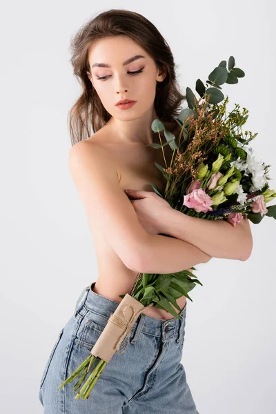 Shirtless Model Jeans Holding Bouquet Isolated Grey — Stock Photo, Image