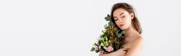 Woman Naked Shoulder Closed Eyes Holding Flowers Isolated Grey Banner — Stock Photo, Image