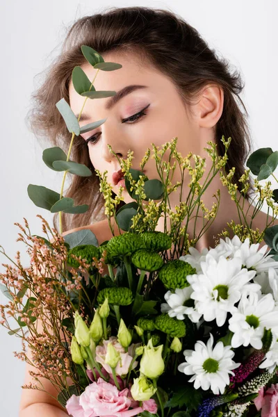 Brunette Model Looking Different Flowers Isolated Grey — Stock Photo, Image