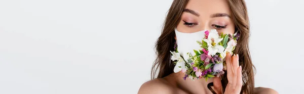 Young Woman Hand Flowers Medical Mask Isolated Grey Banner — Stock Photo, Image