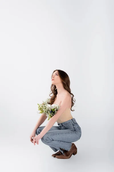 Stylish Woman Flowers Blouse Looking Grey Background — Stock Photo, Image