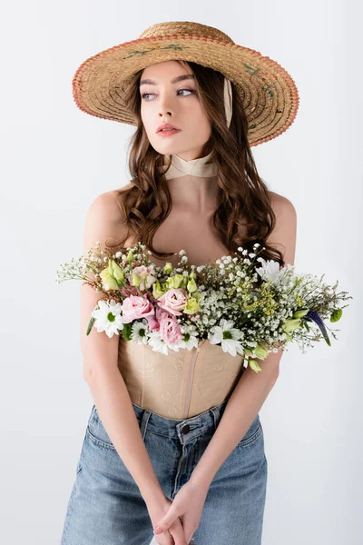 Model Sun Hat Flowers Blouse Isolated Grey — Stock Photo, Image