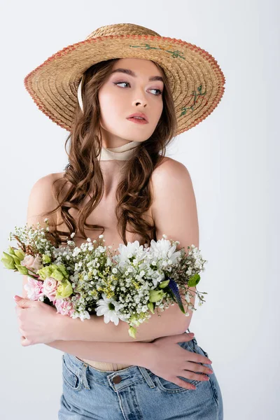 Curly Woman Sun Hat Flowers Blouse Posing Isolated Grey — Stock Photo, Image