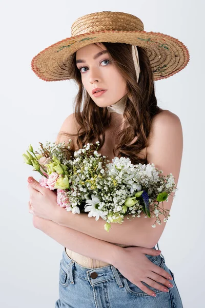 Woman Jeans Straw Hat Hugging Flowers Isolated Grey — Stock Photo, Image