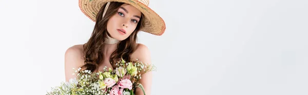 Young Model Sun Hat Naked Shoulders Looking Camera Bouquet Isolated — Stock Photo, Image