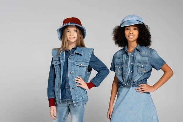 Fashionable Interracial Kids Denim Clothes Hats Posing Hands Hips Grey — Stock Photo, Image