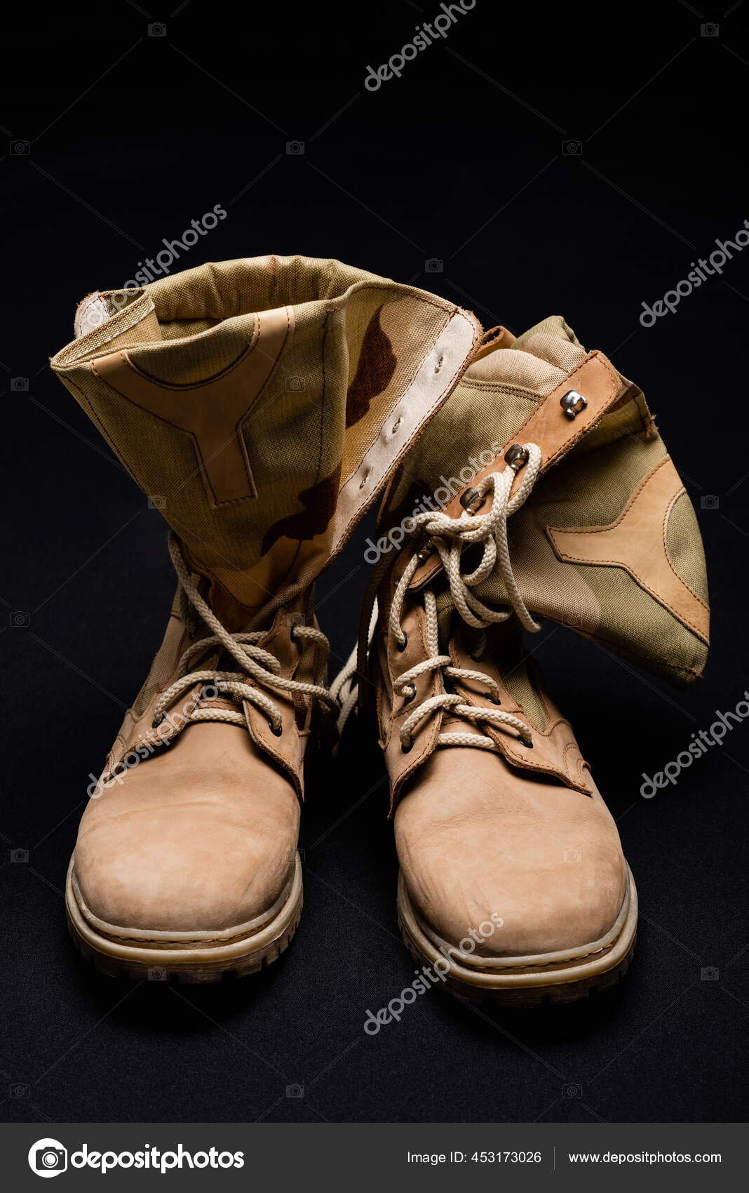 Close View Military Boots Black Background Stock Photo by ©Ischukigor