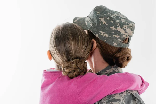 Back View Kid Hugging Soldier Isolated White — Stock Photo, Image