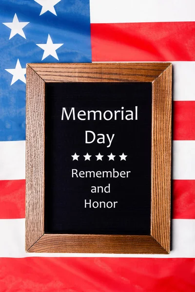 Top View Chalkboard Memorial Day Remember Honor Lettering American Flag — Stock Photo, Image