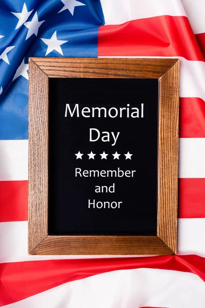 Top View Memorial Day Remember Honor Lettering Chalkboard American Flag — Stock Photo, Image