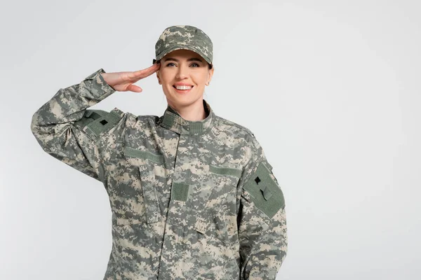 Woman Camouflage Clothes Saluting Isolated Grey — Stock Photo, Image