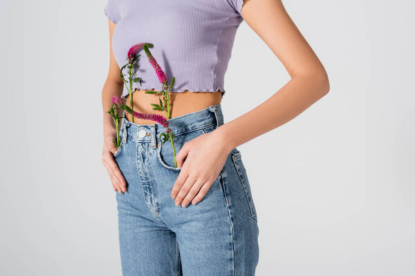 cropped view of young woman in jeans with lupine flowers in pockets posing isolated on white 