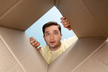 bottom view of surprised man looking at camera from carton box isolated on blue clipart