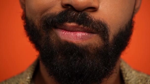Частковий Вигляд Бородатого Афроамериканця Посміхається Ізольовано Апельсині — стокове відео